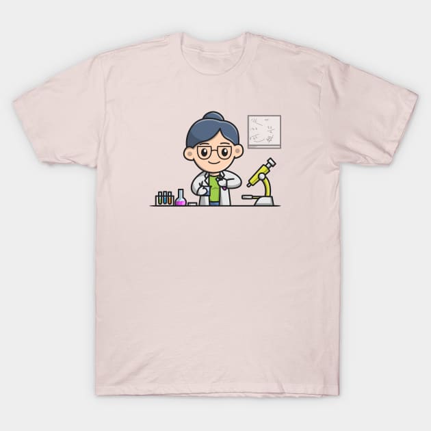 Cute Female Scientist Experimenting In The Laboratory Cartoon T-Shirt by Catalyst Labs